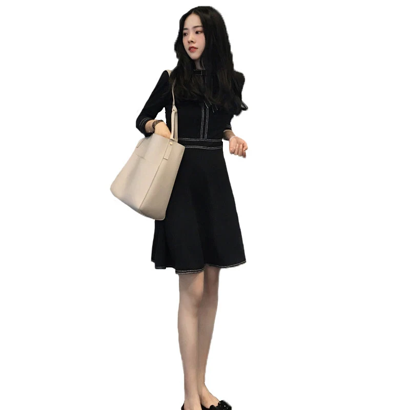 

Retro Hepburn Style Little Black Dress Autumn and Winter Clothing 2020 New Dress Women's Waist Slimming Temperament Base Skirt