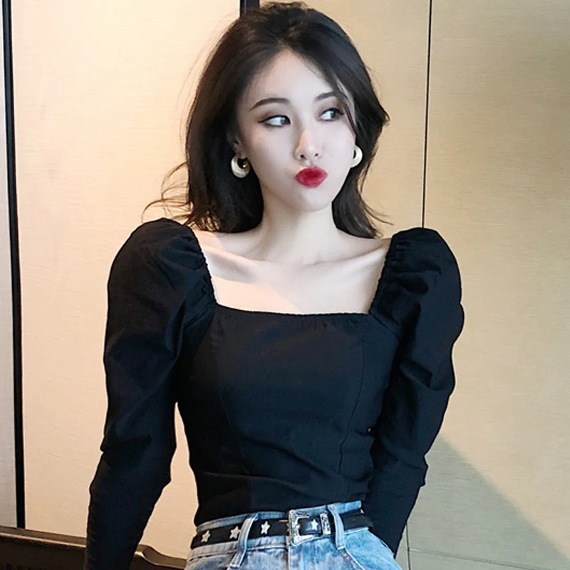 Женская одежда футболки укороченный топ однотонные с квадратным вырезом и