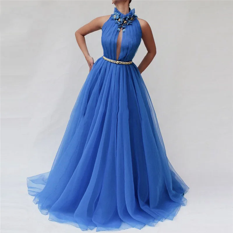 

Crystals Evening Dresses Sexy High Neck Pleats A-Line Tulle Blue Beaded Rhinestones Sashes Prom Gowns for Graduation