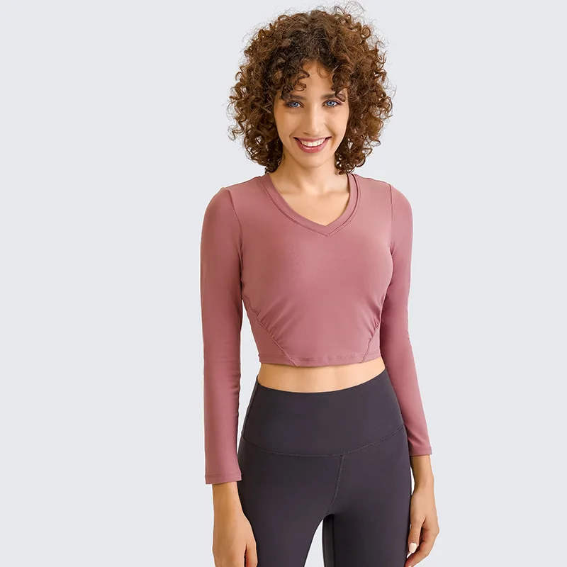 

Women Yoga Shirt Female Sport Top Slim Running Gym V-neck Thin Yoga Long Sleeves With Chest Pad Belly Squeeze Fitness Clothing