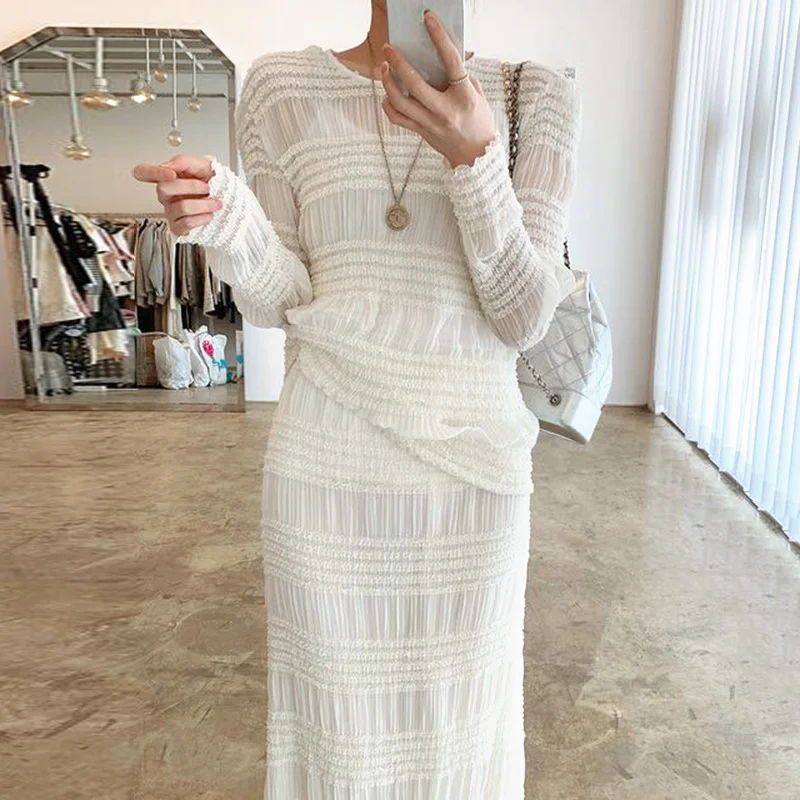 Корейское шикарное платье Нежная кружевная прострочка с круглым вырезом слегка