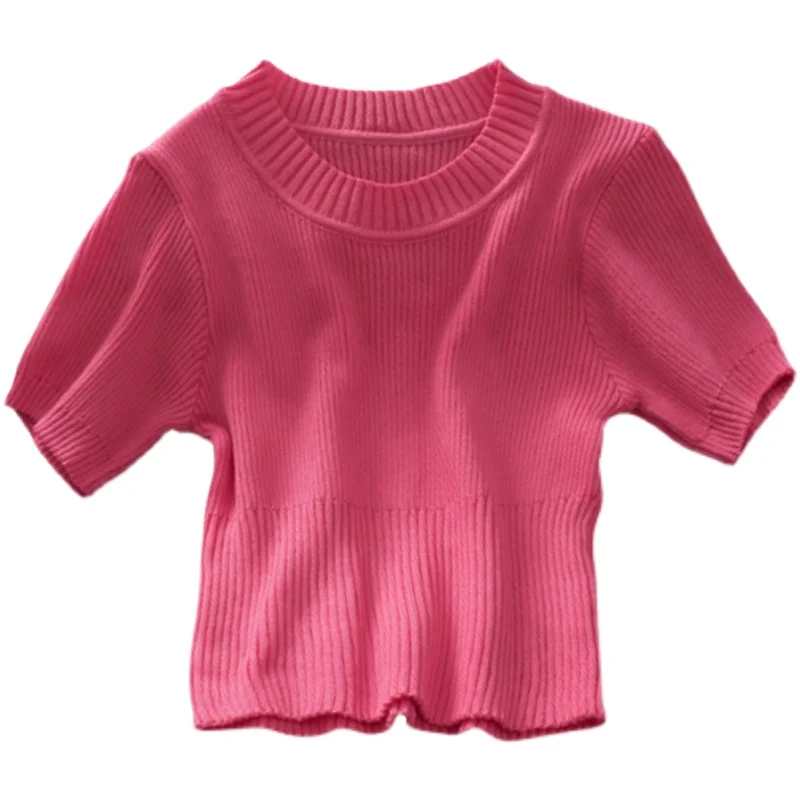 

Kimutomo French Style Short Sleeve T-shirt Women O-neck Solid Wild Slim Waist Knitted Tops Outwear Casual 2021 Spring Summer