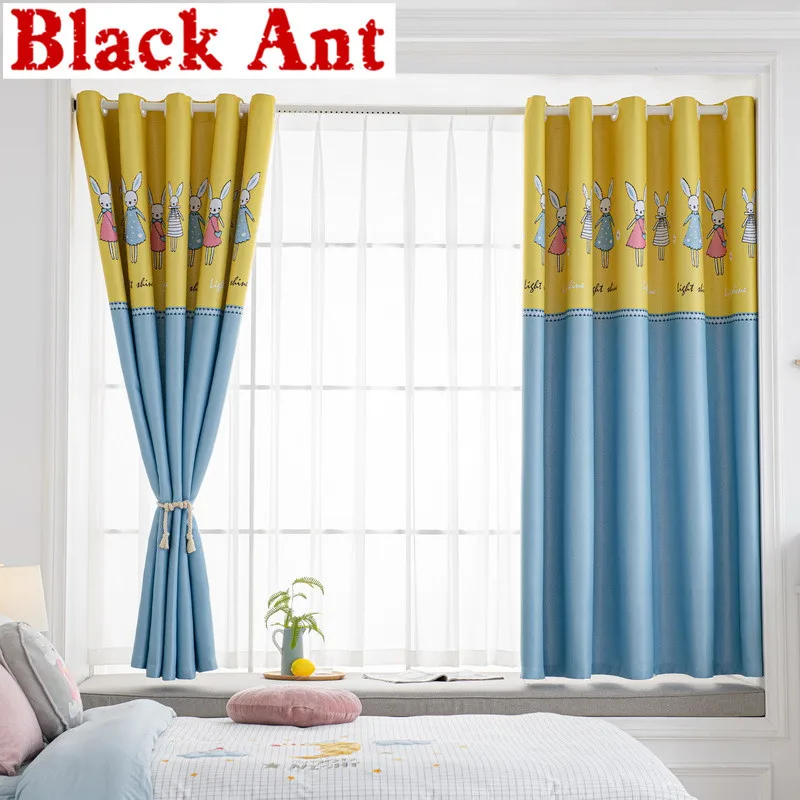 

Stitching Color Short Curtain For Girls Room Printed Rabbit Sheer Curtain Blackout For Living Room Bay Window Decora PC-ZH247#20