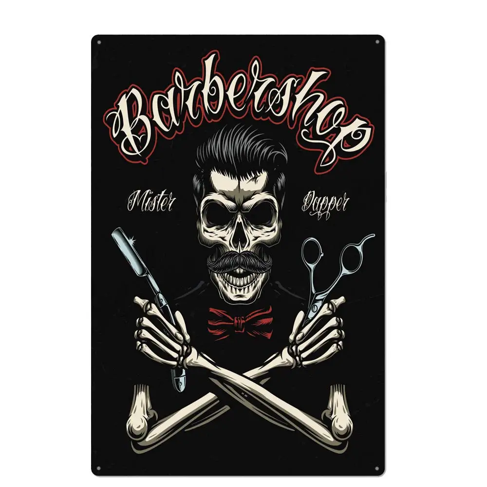 

Cool Original Retro Design Skull Barber Tin Metal Signs Wall Art | Thick Tinplate Print Poster Wall Decoration for Barber Shop