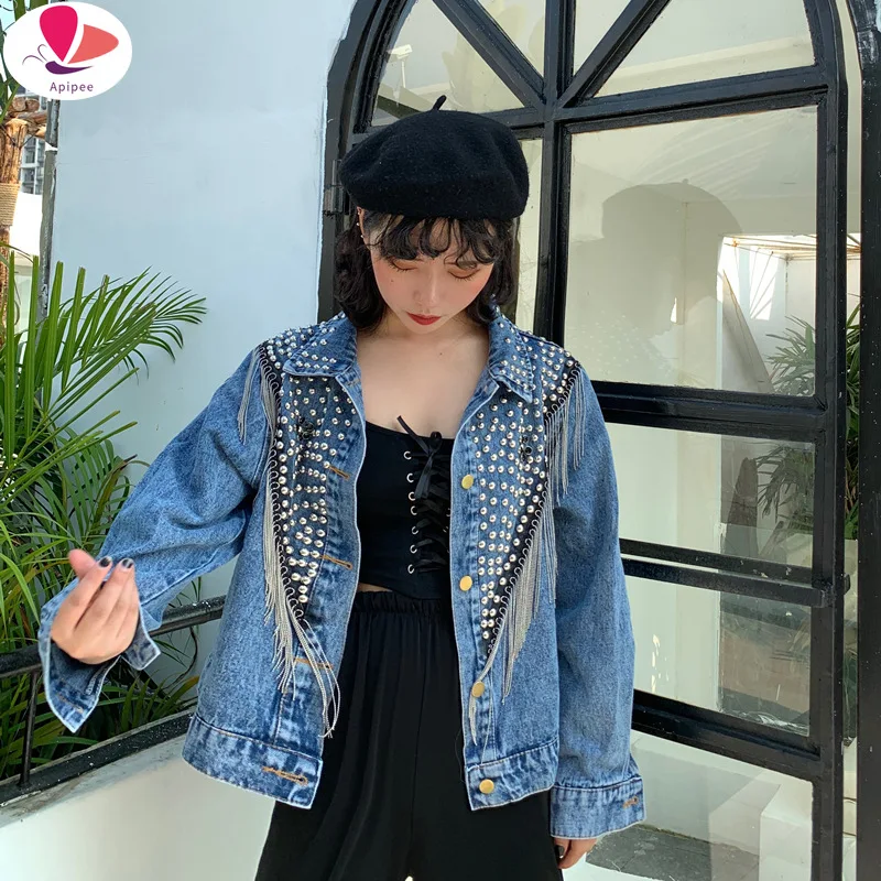 

Black Oversized Rivets Women Denim Jacket With Tassel 2022 Spring Streetwear Vintage Ladies Jeans Jacket Coat Loose Outwear