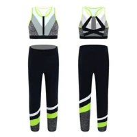 new kids girls sportwear round neck sleeveless zipper crop vest legging pants set for running gym yoga cycling workout tights