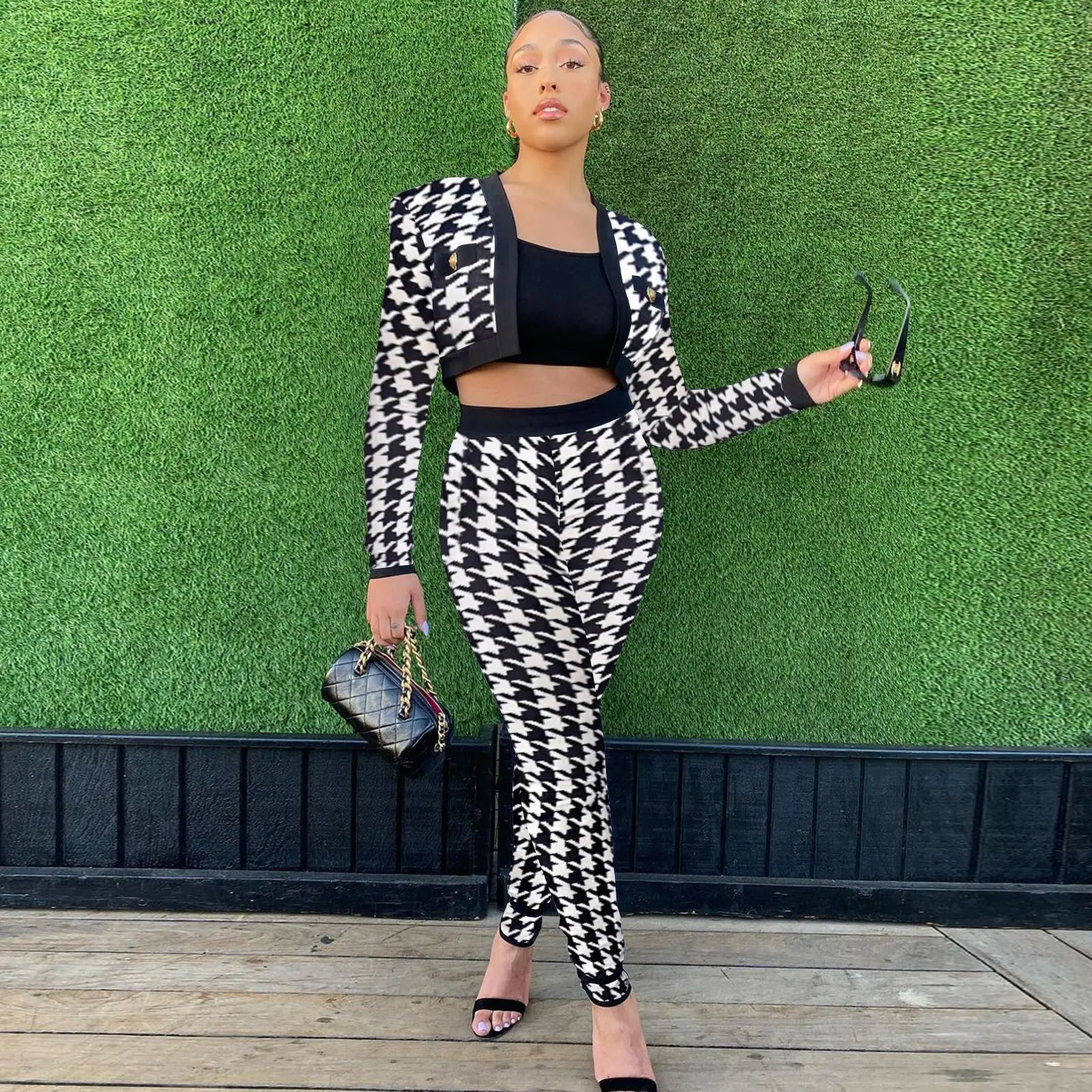 

Autumn Winter Houndstooth Two Piece Set Women Fashion Leopard Houndstooth Knitted Two Piece Set Women