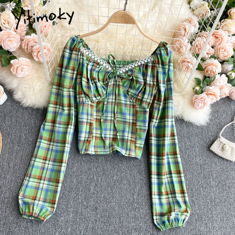

Yitimoky Vintage Plaid Bow Lace Up Blouses Women Puff Sleeve V-Neck Clothing 2021 Spring Korean Fashion Office Lady New Shirts
