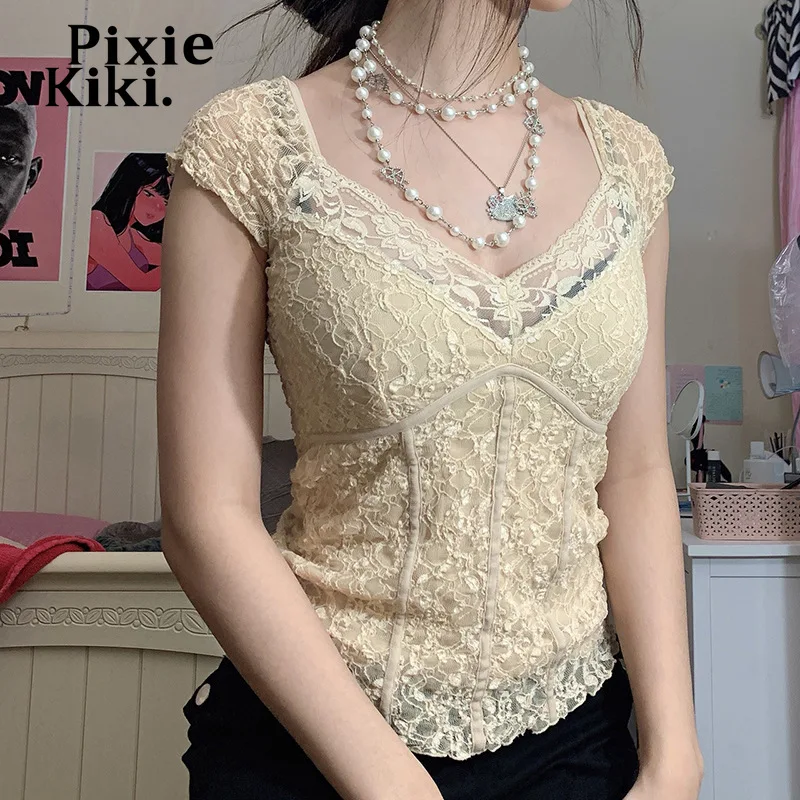 

PixieKiki Fairy Core Sexy Lace Double Layer V-neck Top Soft Girl Aesthetic Clothes for Women Vintage Elegant T Shirt P84-CG11