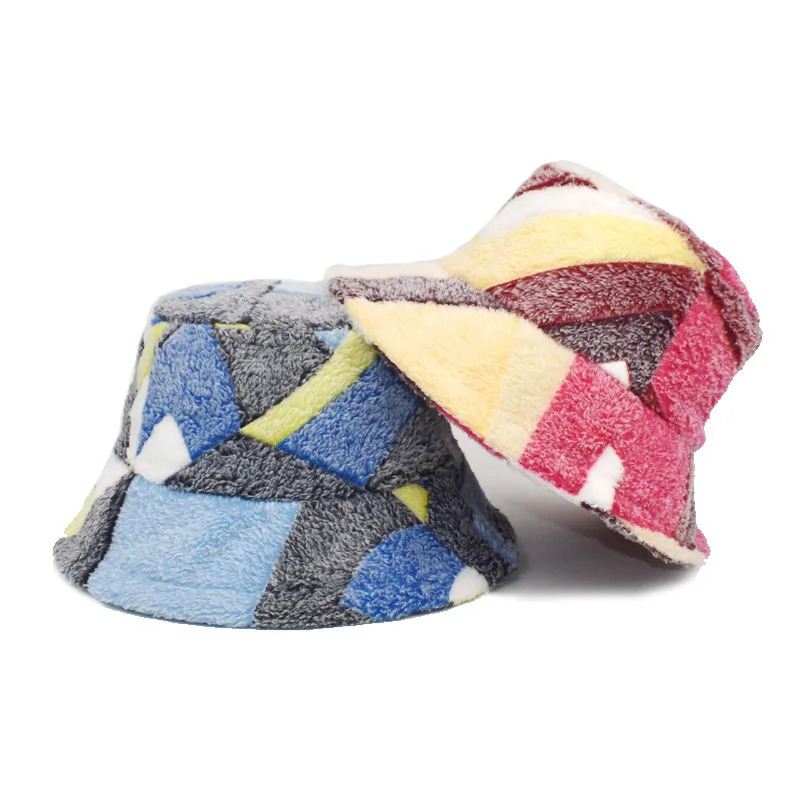 

Women Winter Colorblock Plush Bucket Hat for Man Outdoor Sport Fisherman Cap Unisex Adult Autumn Bob Panama Hat Keep Warm Hat