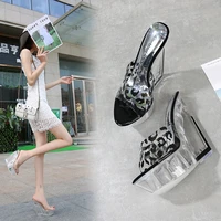 14cm super high stripper heeled shoes sexy leopard clear crystal wedges slippers 6 inches shallow open toe womens color party