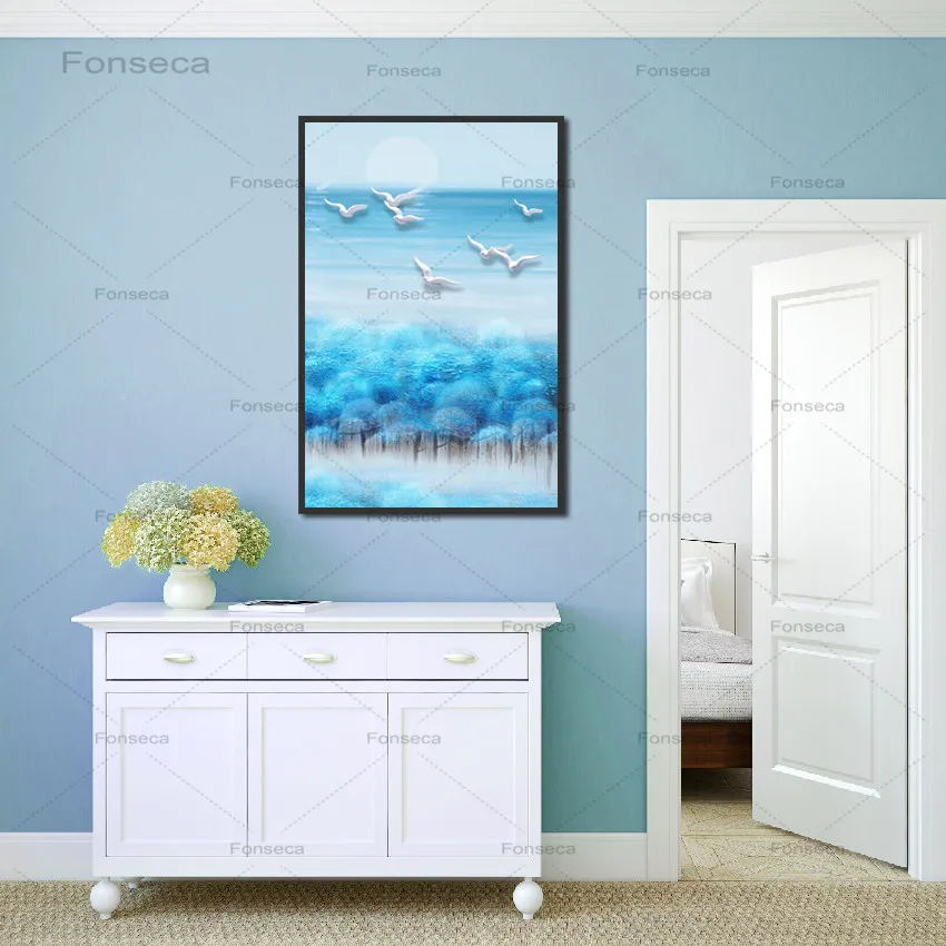 

Nordic Landscape Poster Modern Natural Oil Canvas Painting Blue Forest Bird Art Wall Pictures For Living Room Home Decoration