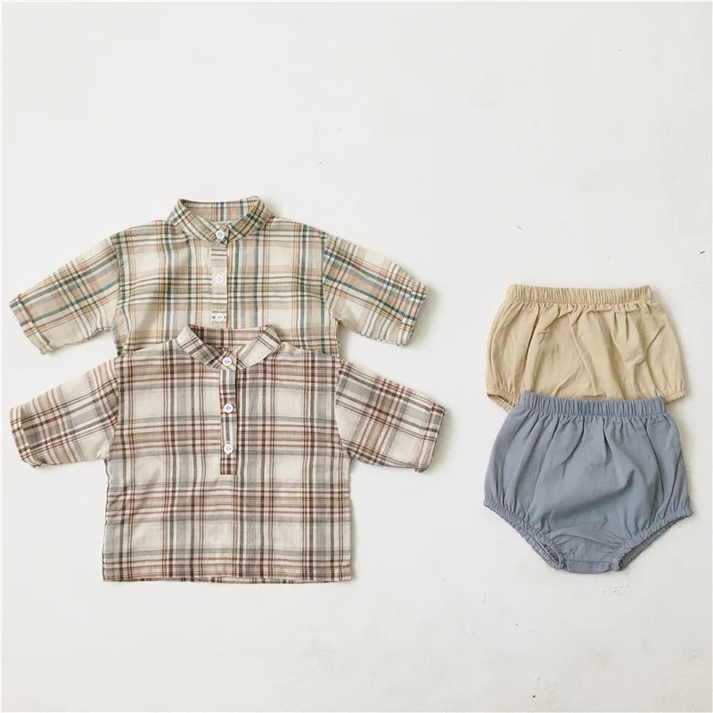 Осенний детский комбинезон для маленьких мальчиков и девочек клетчатая футболка