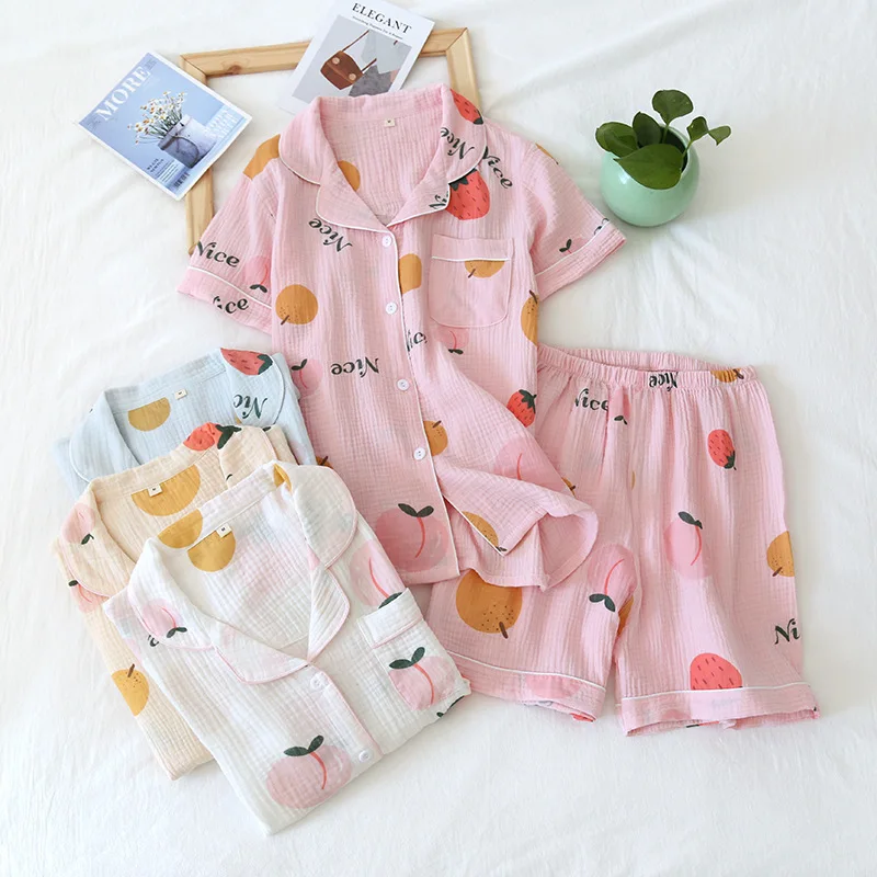 

New Summer Women's Pajama Set Pure Cotton Crepe Short-sleeved Sleepwear with Shorts Soft Comfortable Loose for Ladies Home Wear