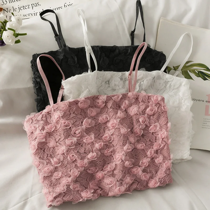 

Rose Flower Tube Top Vests Casual Pink Camisole Women's Adjustable Strap Mesh Patchwork Tank Camis Femme Sexy Crop Tank Vest