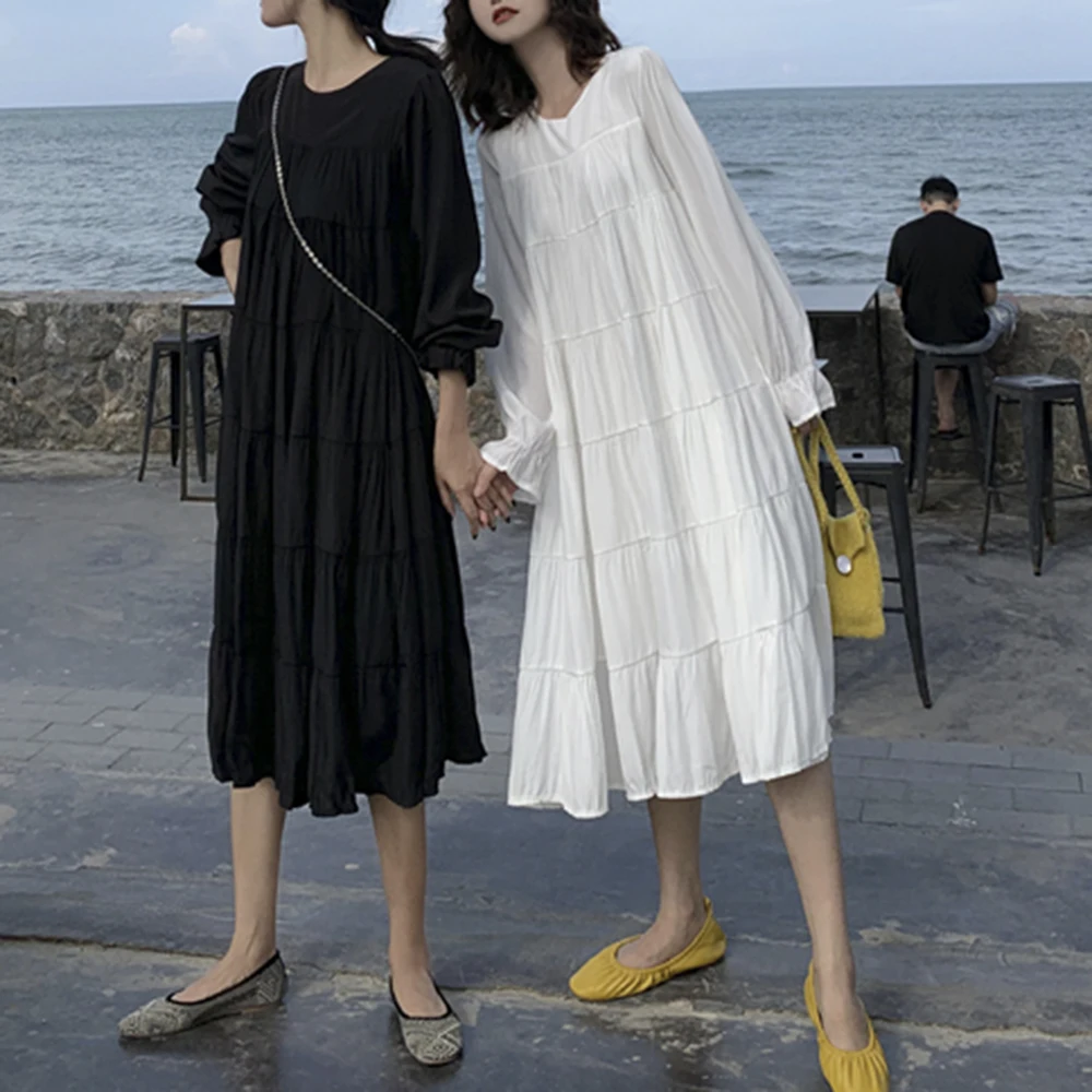 Женское однотонное платье трапеция повседневный пуловер с круглым вырезом и