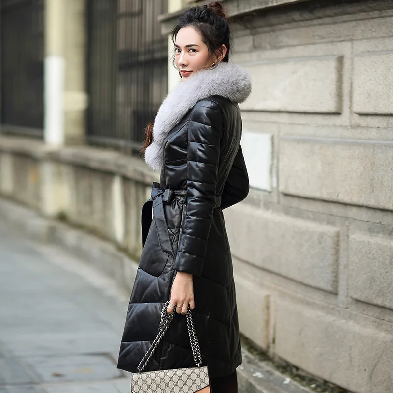 High End Leather Duck Down Jacket Women's Middle  Long Fox Fur Lace Up Real Leather Fur Coat Cotton Thickened Outwear with Belt