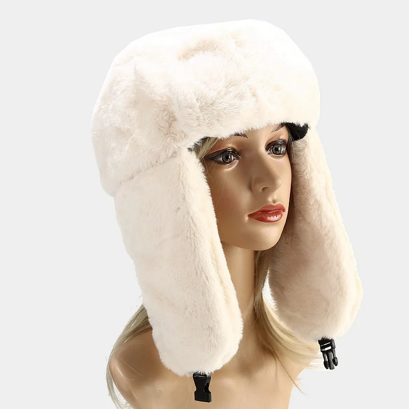 NEW Warm Faux Rabbit Fur Hats Women Winter Bomber Hat With Ear Flap Ski Cap Men Pilot Trapper Trooper Hat Outdoor Bomber Muts men's bomber hats