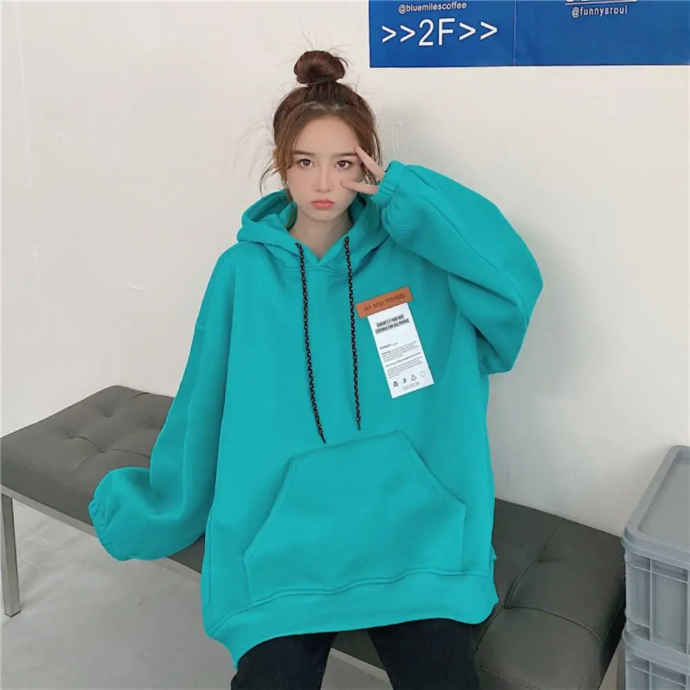 Women Autumn Long Sleeve Solid Color Oversize Plush Thick Warm Hoodie Sweatshirt