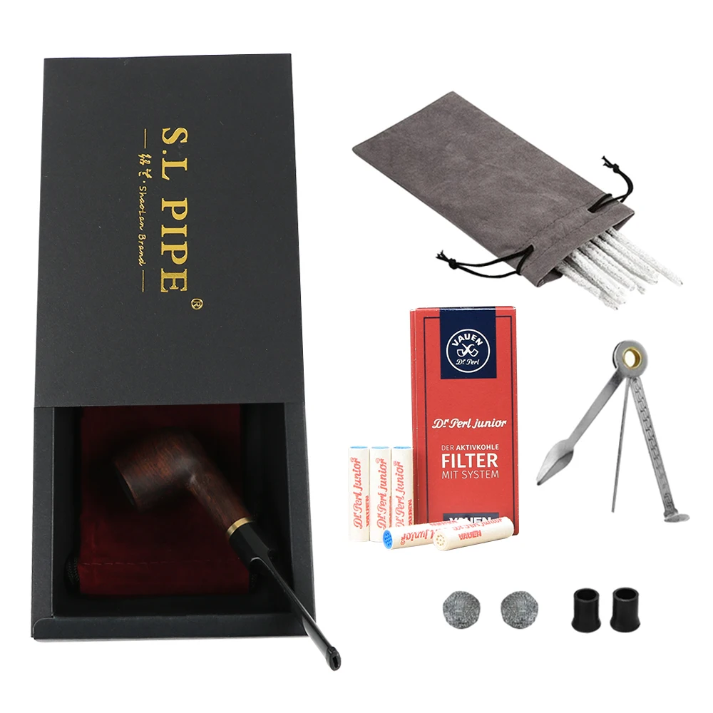 ▂ξ Smoker Classical Wooden Pipe For Smoking With Gold Metal Ring Free Tools Gift Set | Cigar Accessories