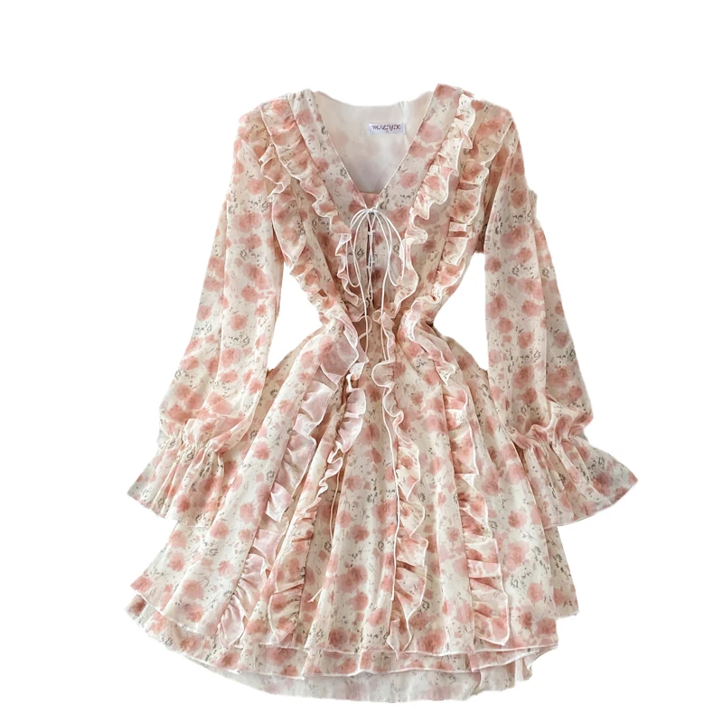 

Kimutomo Ruffled V-neck Floral Dress Women Pink Puff Sleeve Dresses Autumn French Sweet Slim Waist Bandage A-line Mini Vestido