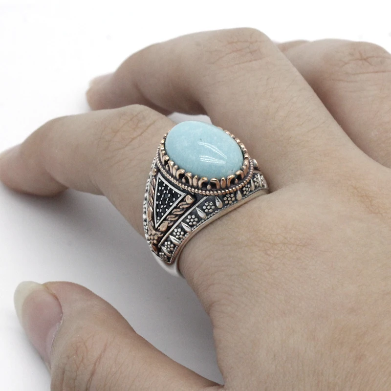 Vintage Turquoise Ring 925 Sterling Silver for Men Oval Natural Stone Retro Gorgeous Finger Male Women Turkey Jewelry | Украшения и