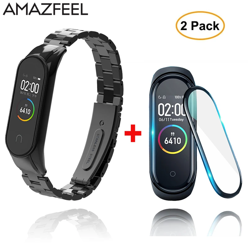 2в1/упаковка для Mi Band 4 ремешок с защитной пленкой для экрана для Mi Band 4 браслет Miband 4 браслет металлический ремешок аксессуары