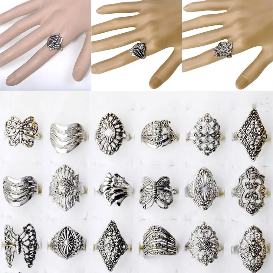 10Pcs Bulk Jewelry Lots Mixed Style Tibet Silver Vintage Band Rings For Women Wholesale Charm 18mm | Украшения и аксессуары