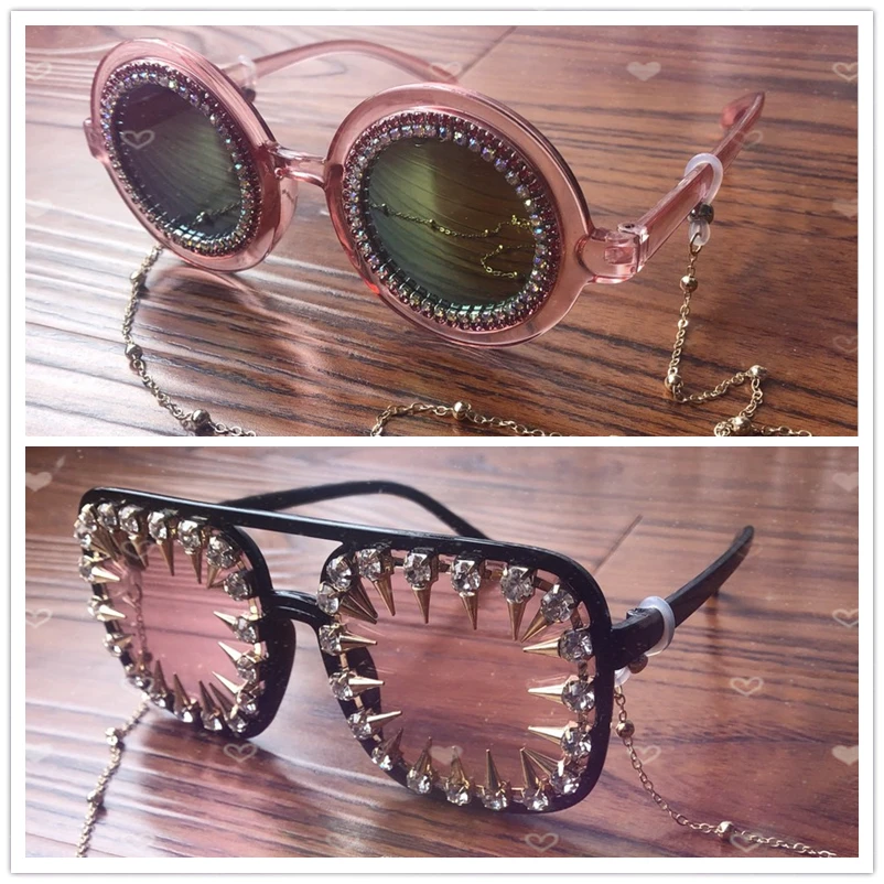 Очки богатые женщины серии 201 стразы с золотой цепочкой розовые/круглые