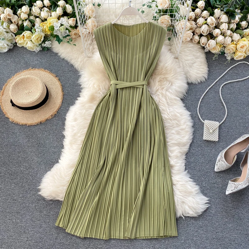 

Винтажное Бандажное шифоновое платье миди, длинное Плиссированное мягкое платье-майка для вечеринок, Повседневная Женская туника, элегант...