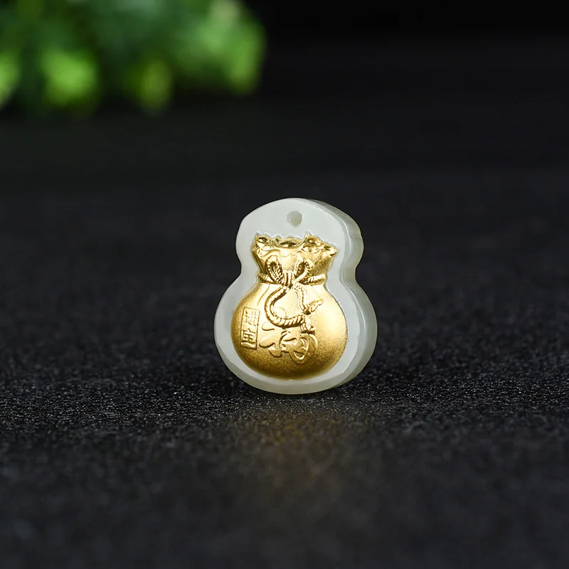 

Fine 24K Gold Inlaid Hetian White Jade Lucky Bag Pendant Male and Female Baby Jade Pendant Free Necklace Certificate Box