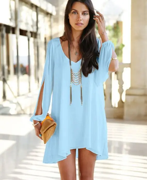 Летнее женское шифоновое однотонное пляжное платье с открытыми рукавами для