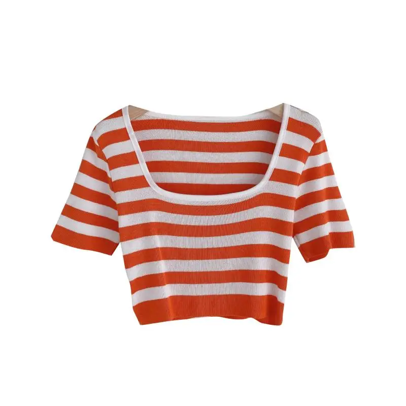 

Women Retro Stripe Knitted Blouse Square Collar Short Sleeve Elastic Slim Tops Summer Korean Streetwear Short Blouse