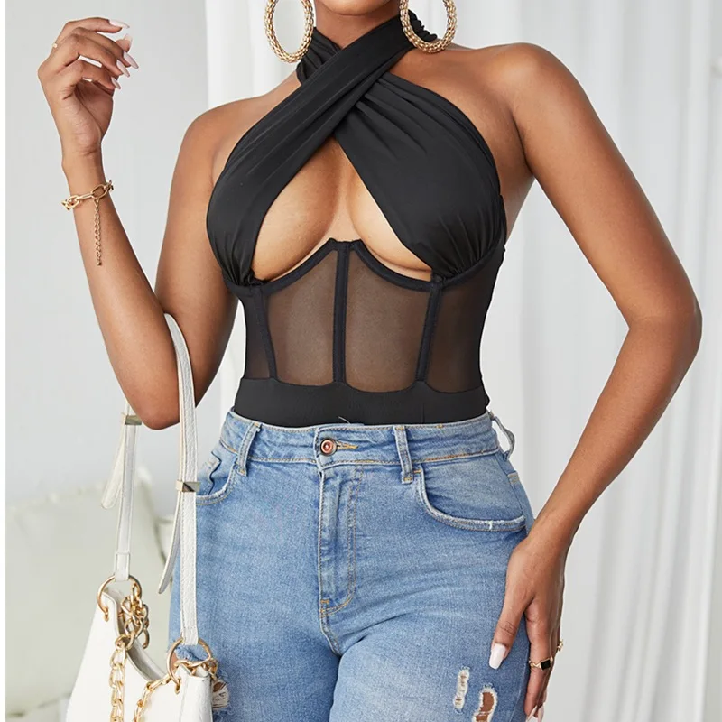 

wsevypo Sexy Hollow Out Cross Halter Tied Bodysuit Women Black Mesh Spliced Leotard Tops Party Club Backless Bustiers Tops
