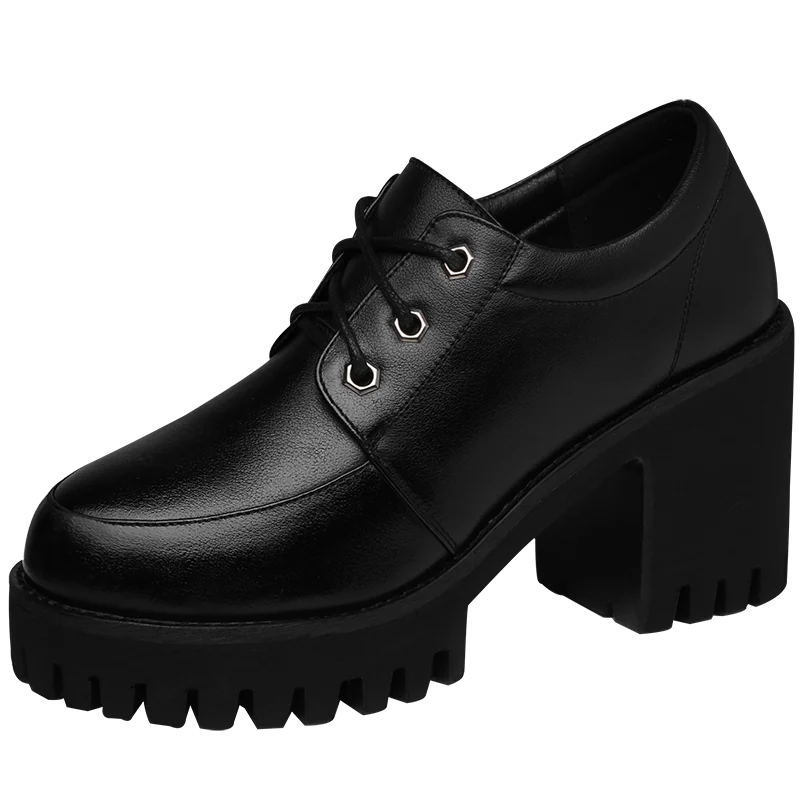 

Ladies autumn round toe thick heel single shoes side zipper lace solid color shoes women