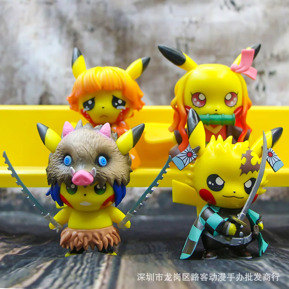 

Pokemon 10cm Pet Collection Pikachu Model Toys The Blade of Demon Slayer Tanjiro Cute Pikachu Q Version Doll Figure Box of Eggs