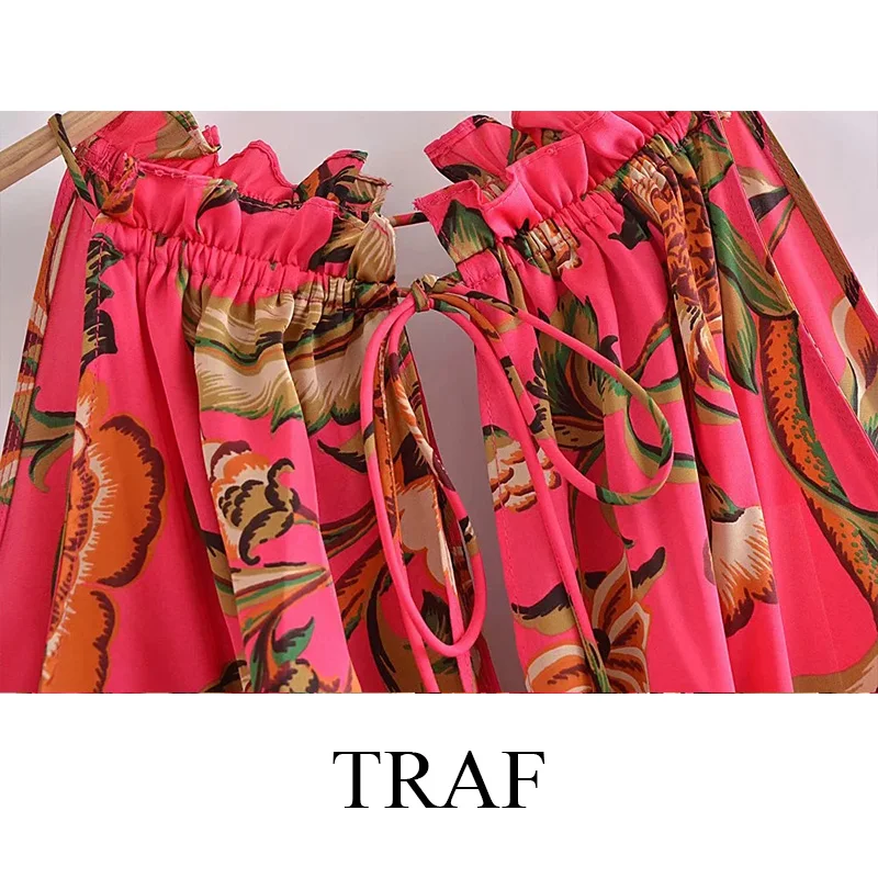 

TRAF ZA Women's Clothing Jumpsuit Woman Sleeveless Vintage Halter Loose Elastic High Waist Hollow Out Printed Female Jumpsuit