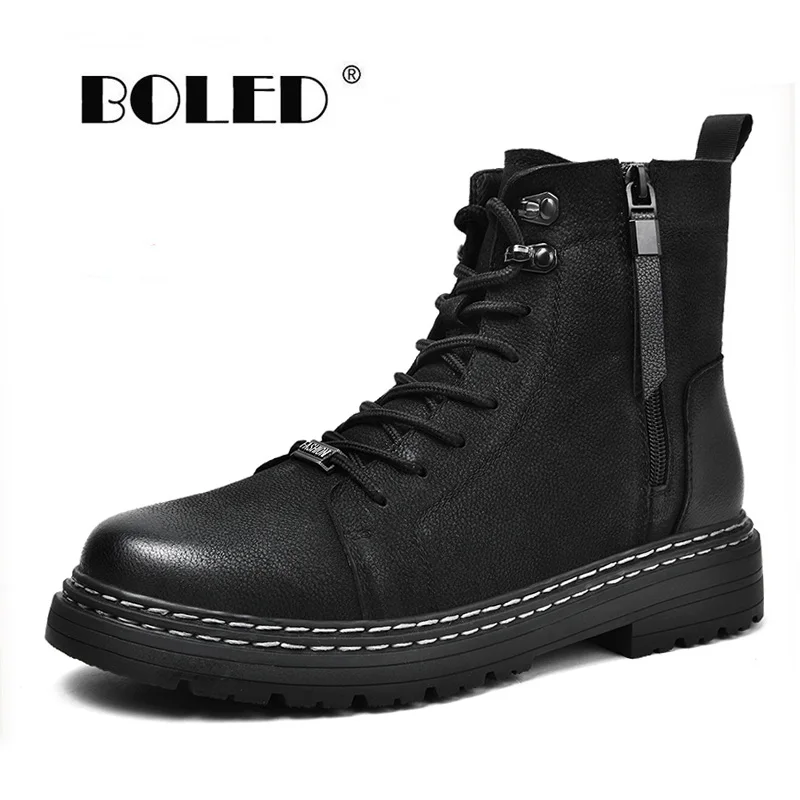 Ботинки мужские из натуральной кожи удобные плюшевые ботильоны на меху шнуровке