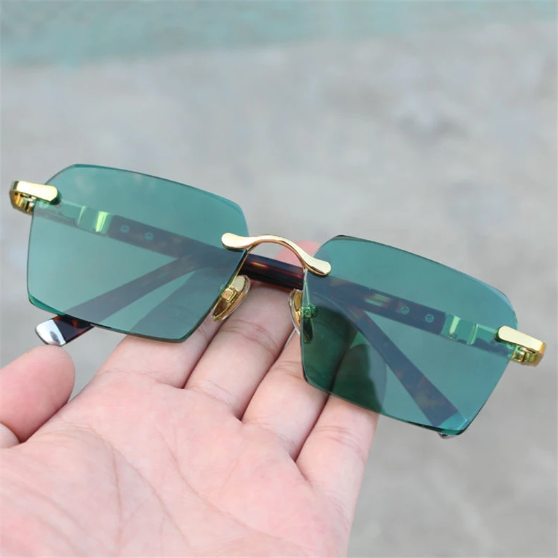 Rockjoy Rimless Sunglasses Male Women Green Stone Sun Glasses for Men Natural Crystal Lens Anti Eye Dry Fashion Shades