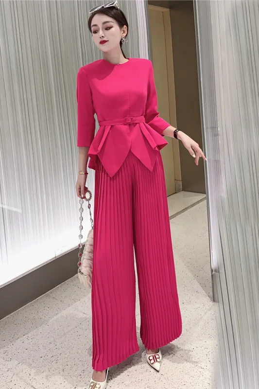 

DEAT 2021 New Summer Fashion Women Clothes Round Neck Three Quarter Sleeves Pleated Top And Loose Pants Set WR24218