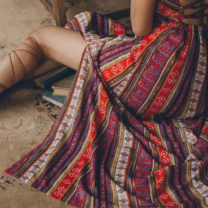 

2020 fashion summer ladies long vacation beach skirt bohemian long dress backless national wind summer V-neck suspender skirt