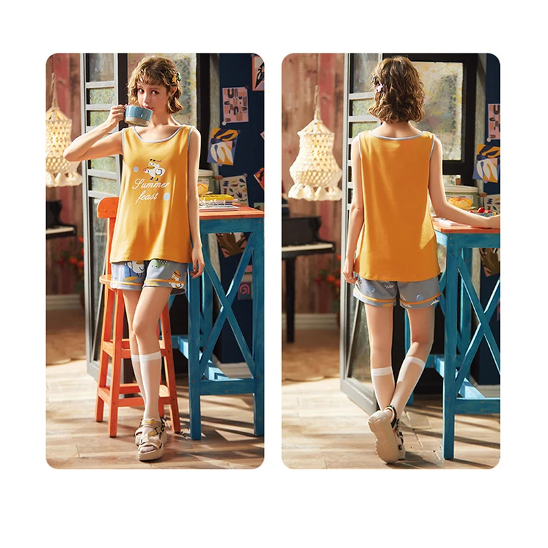

SLPBELY Summer Sleeveless Pajamas Set Cotton Nightwear Women Pyjamas Sleepwear Night suit Home Wear Women Plus Size Cartoon