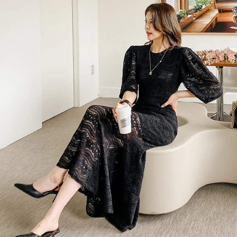 

2021 Summer Runway Boho Maxi Dress Women's Puff Sleeve O-Neck Elegant Mermaid Long Lace Dress Party