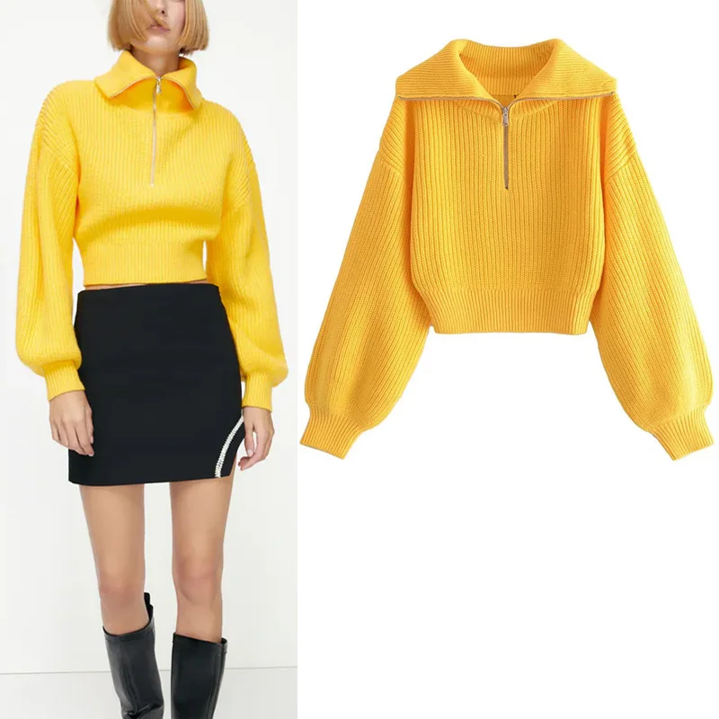 

Za 2021 Winter Yellow Woman's Knitting Pullover Sweater Turtleneck Puff Sleeve Chic Zipper Sweater Thick Warm Street Sweater