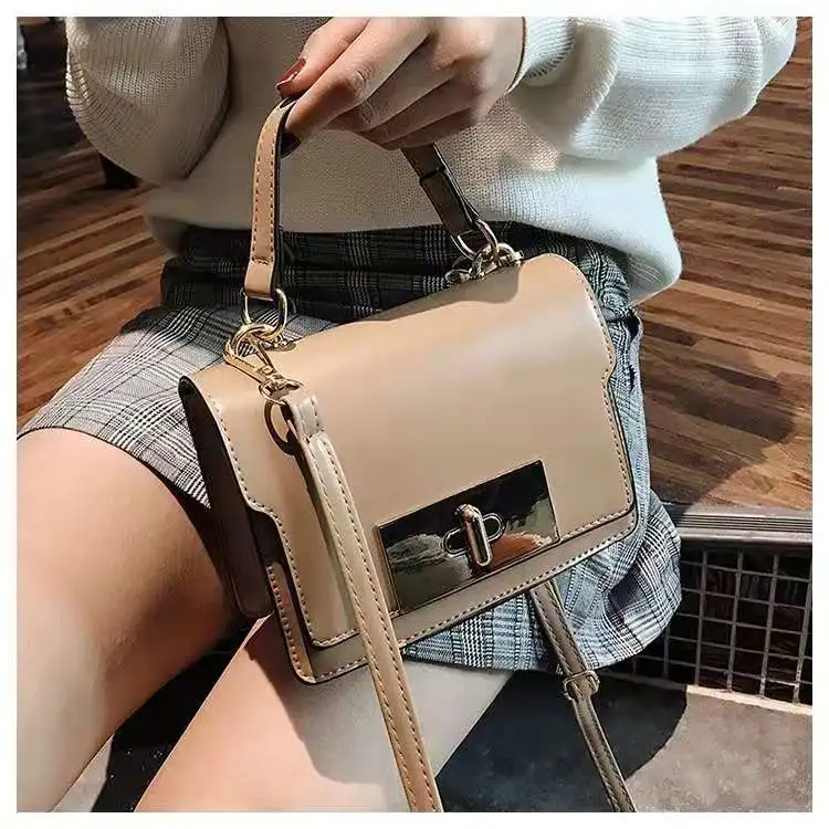 

2021 new female bag retro lock small square bag Korean version of pure color pu portable girl shoulder bag