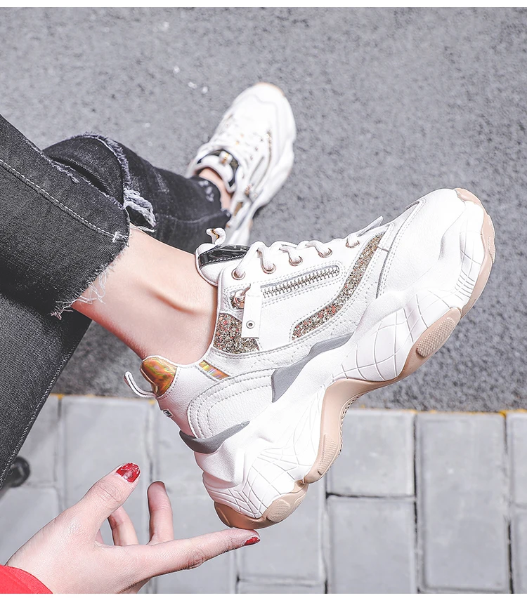 LMCAVASUN/блестящие женские кроссовки; модные zapatillas mujer; Повседневная дышащая обувь из натуральной кожи; женские кроссовки на массивном каблуке; chaussure