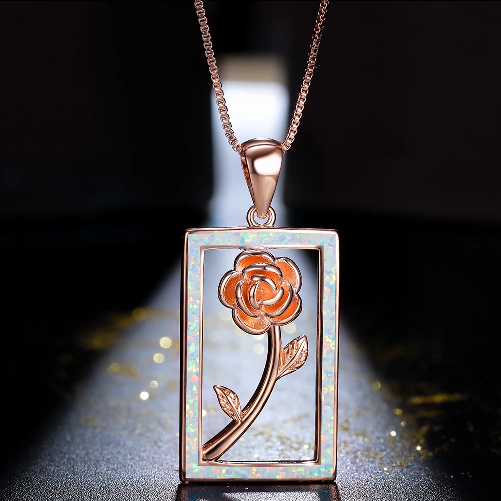 

Creative Hollow Rectangle Rose Flower Pendant Necklace for Women Designing Opal Chain Necklaces Romantic Birthday Jewelry Gift