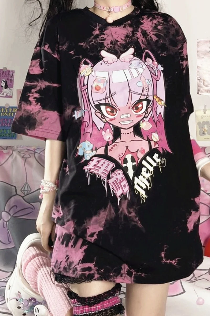 

T-shirt Women's Summer Gothic Punk Harajuku Cartoon Lovely Girl Printing Oversize Pattern Tie Dye Loose Short Sleeve Top Fashion