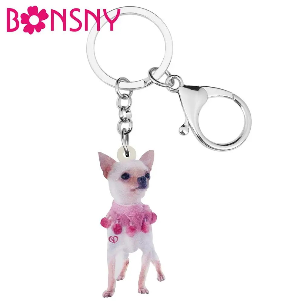 

Bonsny Acrylic Lovely Chihuahua Dog Keychains Long Pet Animal Keyring Key Chain Jewelry For Women Kids Lover Funny Festival Gift