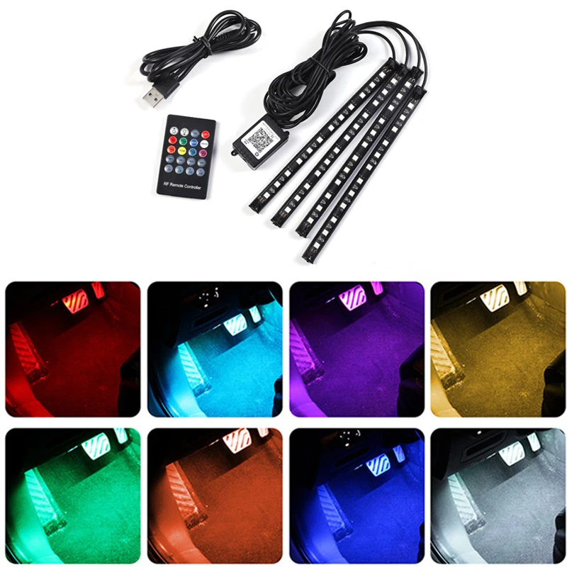 Светодиодный светильник RGB для украшения интерьера автомобиля с пультом дистанционного управления мобильное приложение телефон Bluetooth управление 4 в 1
